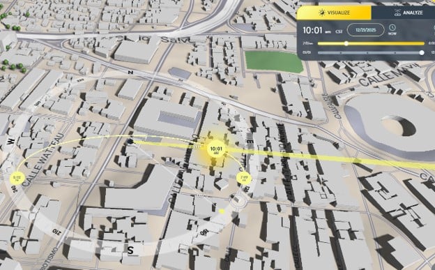 Análisis solar 3D del predio sobre Av. Patriotismo CDMX a las 10:01 AM, 21 de diciembre
