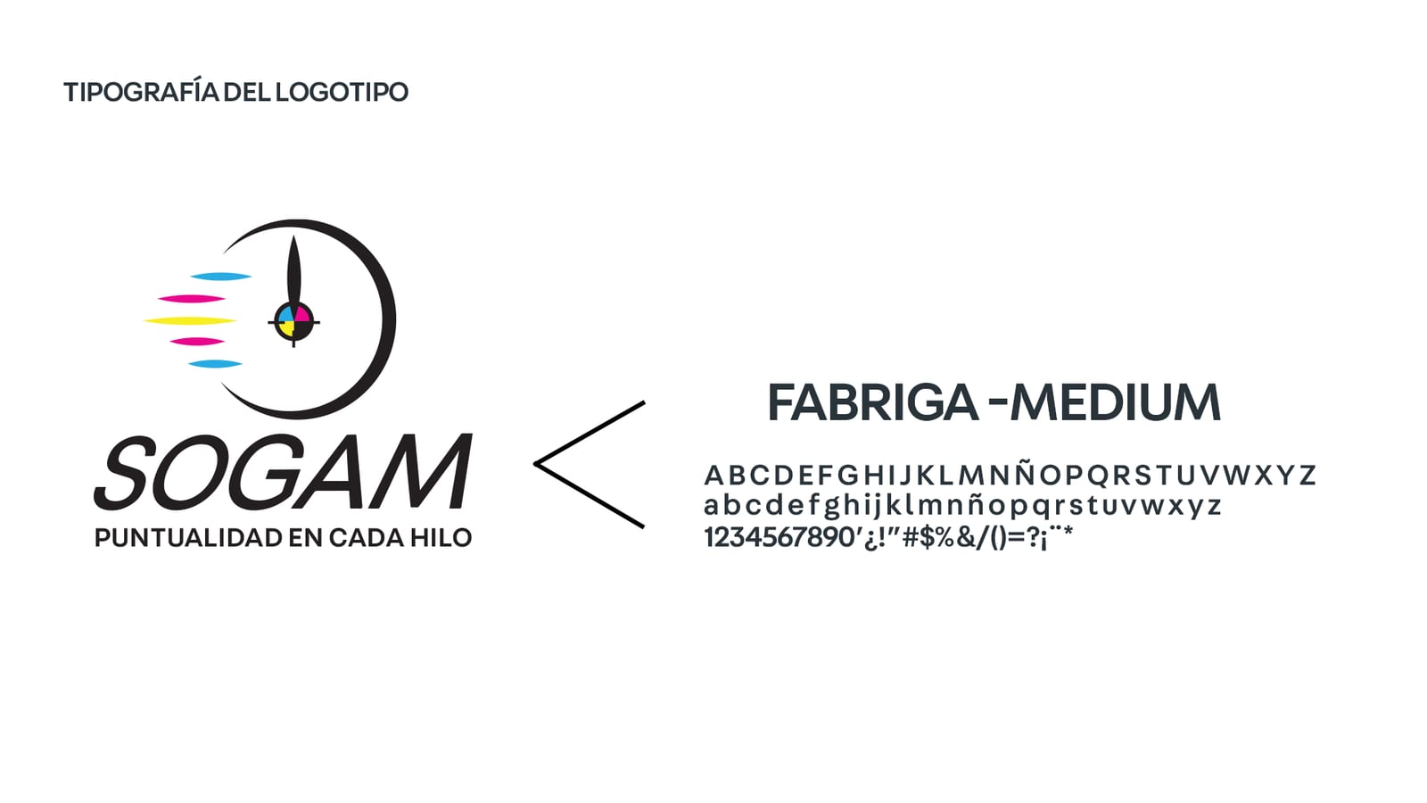 Tipografía aplicada al logotipo SOGAM y a la frase-eje «Puntualidad en cada hilo»