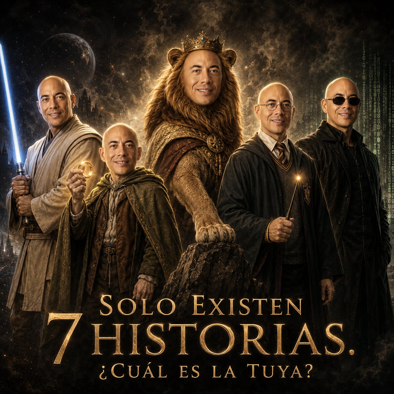 Solo existen 7 historias, ¿cuál es la tuya? — César Chan encarnando 5 arquetipos: Jedi, Frodo, Rey León, mago tipo Harry Potter y Matrix